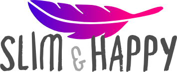 Logo von Slim & Happy mit einem lila Farbverlauf und einer stilisierten Feder über dem Schriftzug.